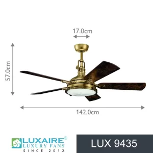 Detailed view of Luxaire LUX 9435 brushed antique brass motor ceiling fan housing